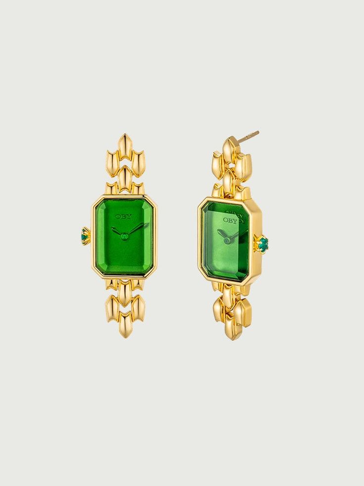 Drop Emerald Green Watch Earrings Timeless Rectangular Earrings For Formal Occasions, Classic Emerald Jewelry For Evening, Timeless Rectangular Formal Earrings, Classic Evening Emerald Jewelry, Green Rectangular Stone Jewelry For Formal Occasions, Formal Green Jewelry With Rectangular Stone, Timeless Emerald Jewelry For Formal Occasions, Luxury May Birthstone Earrings For Formal Occasions, Timeless Formal Emerald Jewelry