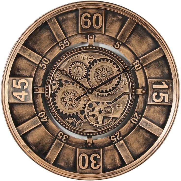 an image of a clock with numbers and gears on the face in bronze color isolated on white background