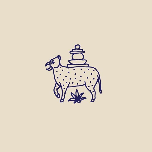 a drawing of a cow standing next to a potted plant on top of it's head