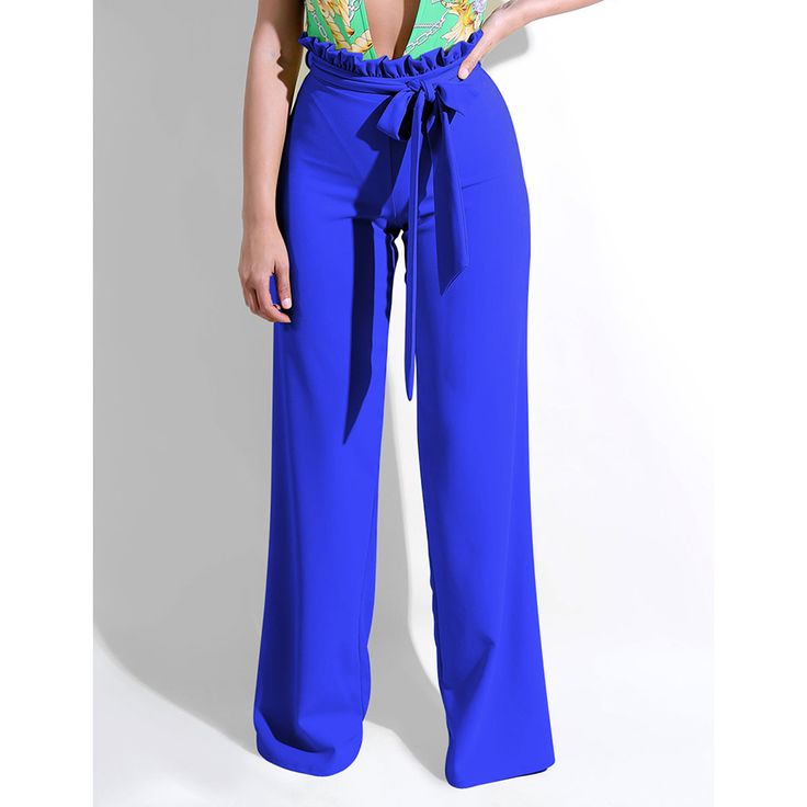 Royal Blue Ruffle Hem Straight Leg Casual Pants