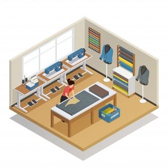 an illustration of a sewing room with clothes on the table and two people working in it