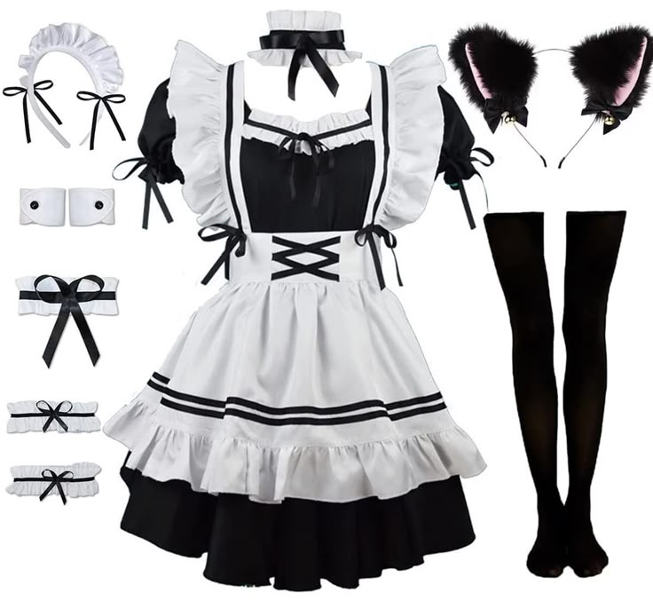 PRICES MAY VARY. High-quality Fabric: Polyester, cotton , well made, soft and comfy to the touch , cute anime maid queen princess dress outfit look. The complete 8 pcs set includes: dress + apron + maid headwear + cat ear + neck ring + bracelet * 2 + leg ring * 2+ knee socks. Distinctive Design: There is a big bow design on the back of the dress, with two black bows on the waist, it looks more cute. The black base skirt is matched with a white apron. Applicable Occasion: It’s suitable for many d Princess Dress Outfit, Maid Outfit Cosplay, Halloween Makeup Costume, Leg Ring, Dress Apron, Black Bows, Neck Ring, Maid Cosplay, Anime Maid