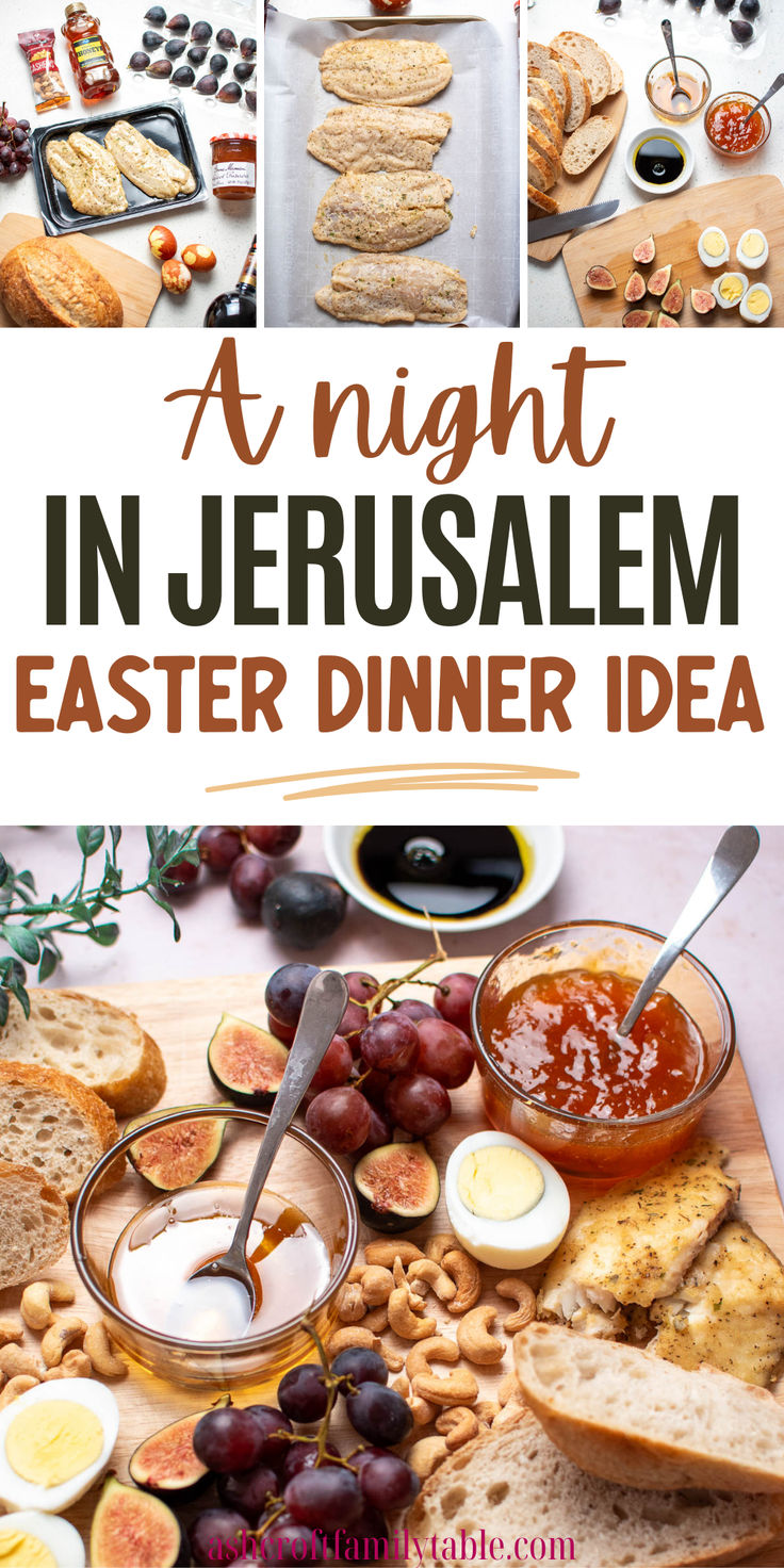 Graphic with photo collage and text that reads "A night in Jerusalem, Easter dinner idea." Dinner In Bethlehem, Bethelem Dinner, Shepherds Night Dinner, Bethlaham Dinner, Easter Celebration Ideas Families, Easter Family Gathering Ideas, Palm Sunday Food Ideas, Bethlehem Christmas Dinner, Seder Meal For Kids