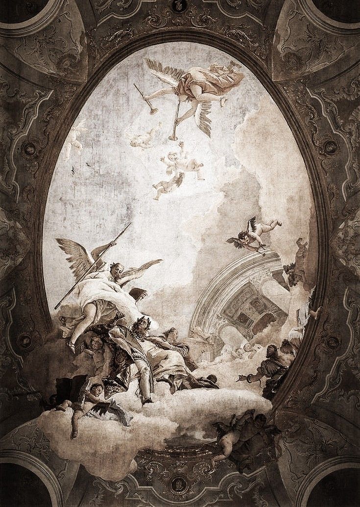 a painting on the ceiling of a building with angels flying over it and people standing around