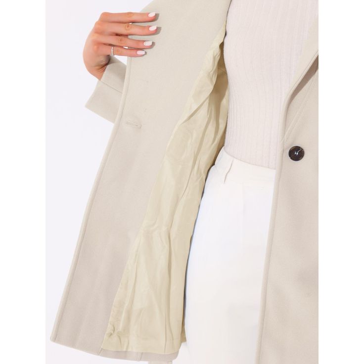 This coat turns casual outerwear into a fashion-forward statement. Step out in style on even the dreariest days with the one-button belted long coat. Those neutral colors on this belted coat with wide lapels maintain a grounded, mature style that will never go out of fashion. Paired well with a crossbody for a day out. Team it with pumps and a bold red lip for an evening look. Single-breasted Collared Outerwear, Elegant Fall Outerwear With Lapel Collar, Chic Blazer With Lapel Collar In Solid Color, Fall Office Pea Coat In Solid Color, Solid Color Outerwear With Lapel Collar For Office, Lapel Collar Outerwear For Office, Fall Blazer With Lapel Collar In Solid Color, Double-breasted Solid Color Fall Blazer, Double-breasted Solid Color Blazer For Fall