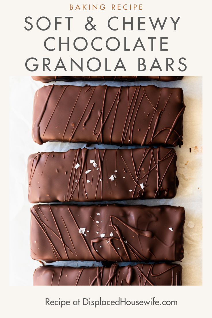 three chocolate granola bars on top of each other with the words, soft & chewy chocolate granola bars