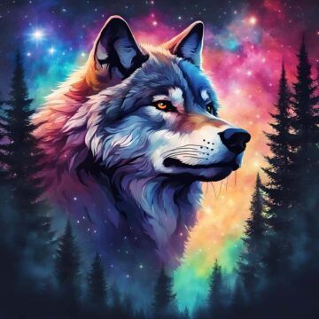 a painting of a wolf's head in front of some trees and the night sky