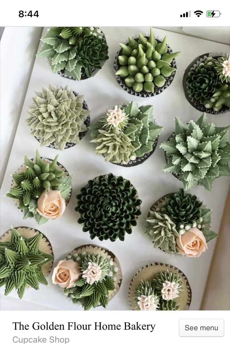 the golden flour home bakery cupcakes are decorated with succulents and flowers