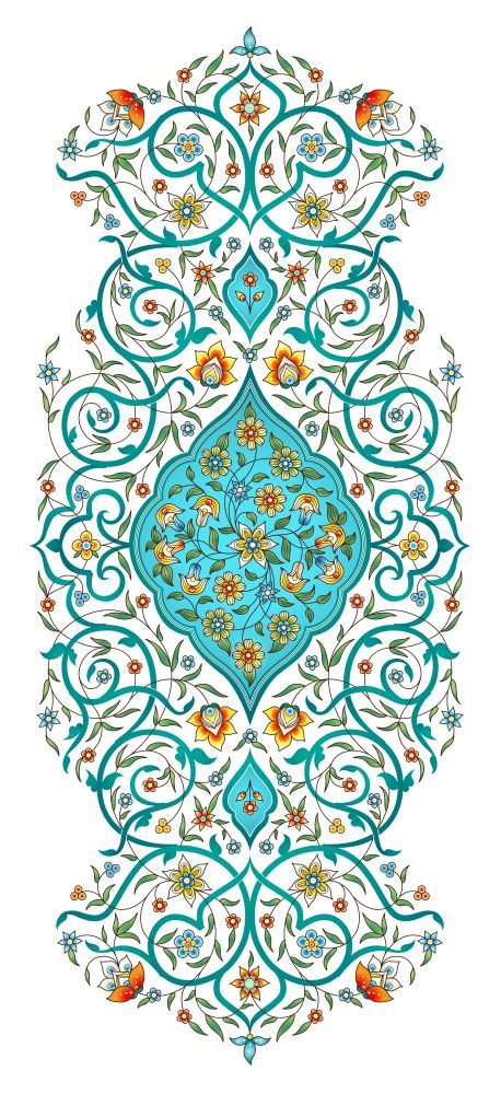 an ornate blue and green design with flowers on it's side, in the middle of