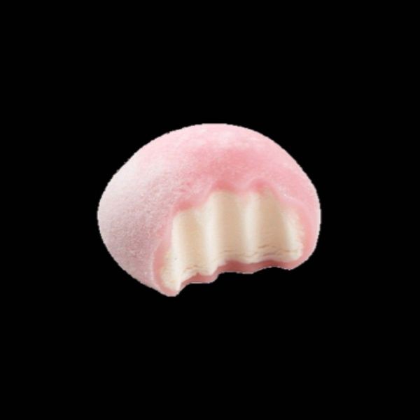 a pink donut with white frosting on it's side, against a black background