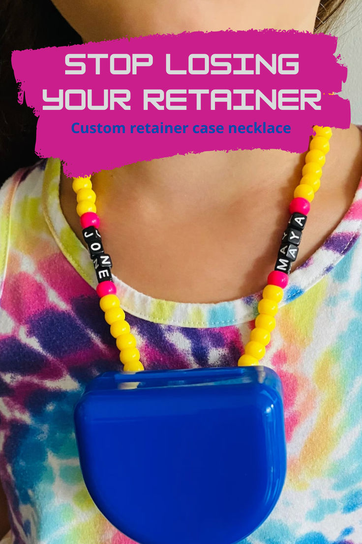 a woman wearing a necklace made out of plastic beads with the words stop losing your retainer on it