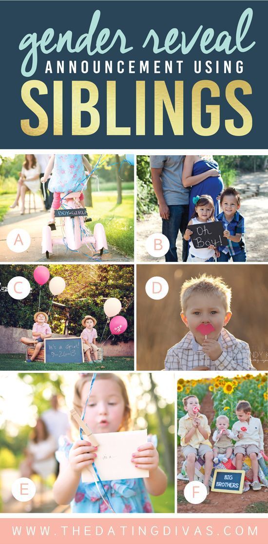 a collage of photos with the words, gender reveal and an announcement using siblings