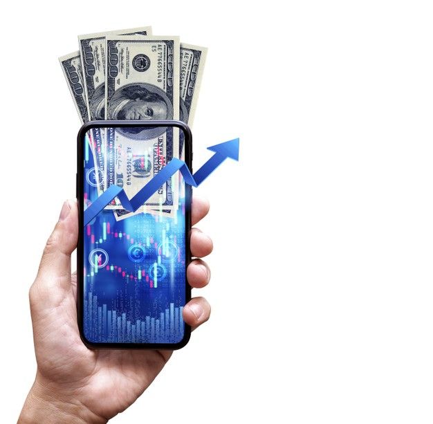 a hand holding a cell phone with an arrow going up and money coming out of it