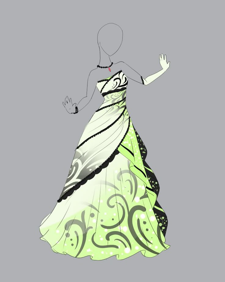 a drawing of a woman in a green and black dress with her hand out to the side