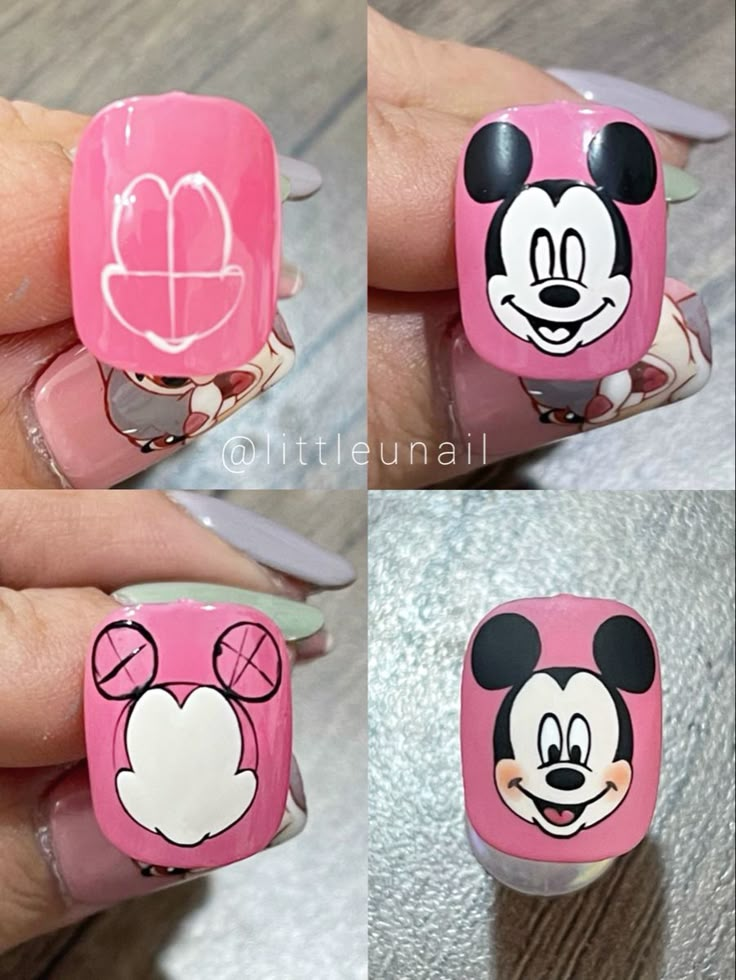 Cartoon Nail Art Step By Step, Nail Design Cartoon, Cartoon Nail Ideas, Mickey Mouse Nail Design, Nail Art Cartoon, Mickey Nail, Mouse Nail Art, Mickey Mouse Nail Art, Beginner Nail Designs