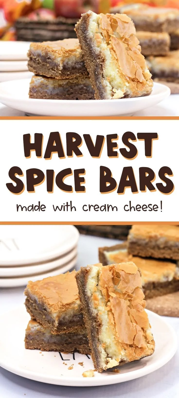 several pieces of dessert sitting on plates with the words harvest spice bars in front of them