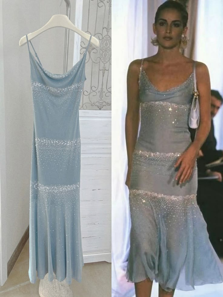 Sky Blue Starry Mermaid Midi Slip Dress – Dolly Gown Sorority Formal Dress Midi, Ice Blue Christmas Dress, Whimsical Blue Dress, Rhinestone Dress Birthday, 1970s Formal Dress, Vintage Blue Dress Aesthetic, Mermaid Aesthetic Dress, Y2k Hoco Dress, Diy Mermaid Dress