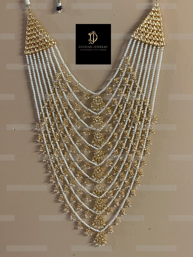 Ready to ship haar  Long and carries weight  Perfect for a bride  Made using kundan with shell pearls and meenakari work on the back  22ct gold plated  Delivered in 3-5 days within USA Gold Kundan Pearl Chain Necklace, Ceremonial Kundan Jewelry With Gold Beads, Gold Kundan Pearl Necklace With Pearl Chain, Kundan Necklace With Stone Work For Reception, Gold Pearl Chain Necklace With Kundan, Gold Kundan Bridal Necklace For Reception, Gold Bridal Necklace With Tilla And Pearls, Gold Kundan Necklace With Stone Work, Gold Pearl Chandbali Bridal Necklace