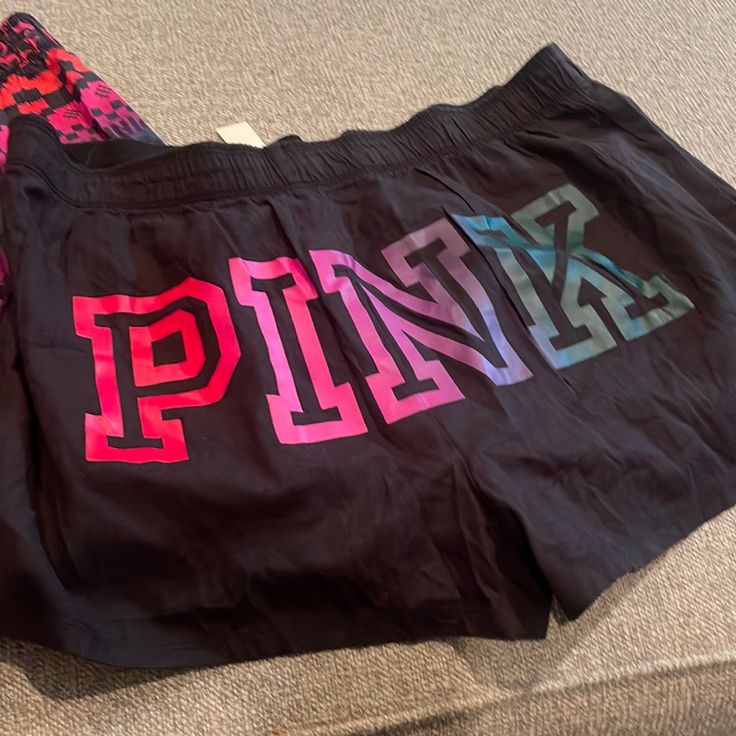 Size Large One Brand New With Tags Other On Euc No Flaws Pink Stretch Shorts For Sleepover, Stretch Pink Shorts For Sleepover, Sporty Pink Summer Sleepwear, Sporty Pink Pajama Shorts For Loungewear, Sporty Pink Pajama Shorts, Pink Letter Print Shorts, Pink Stretch Athleisure Pajama Shorts, Black Pajama Shorts For Sleepover, Sporty Pink Shorts With Letter Print