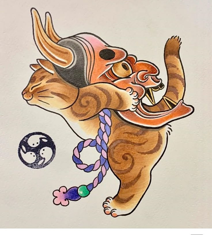 a drawing of a cat with a hat on it's head and a rope around its neck