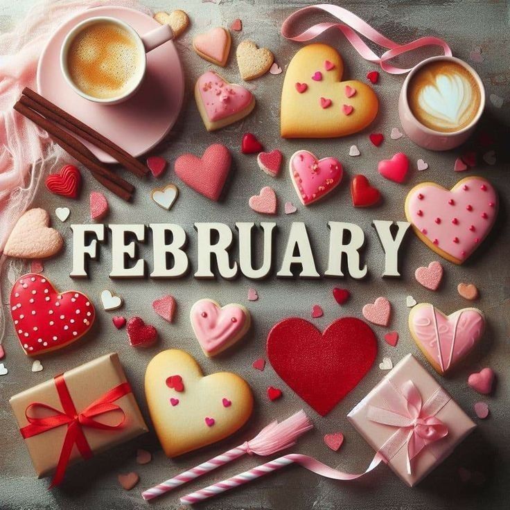 the word february is surrounded by cookies, hearts, and other treats on a table