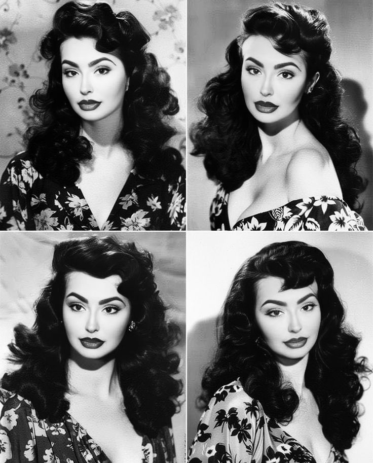 four different pictures of a woman with long hair and black lipstick on her face, wearing a floral dress