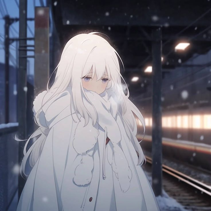 an anime character standing in front of a train station with snow falling on her face