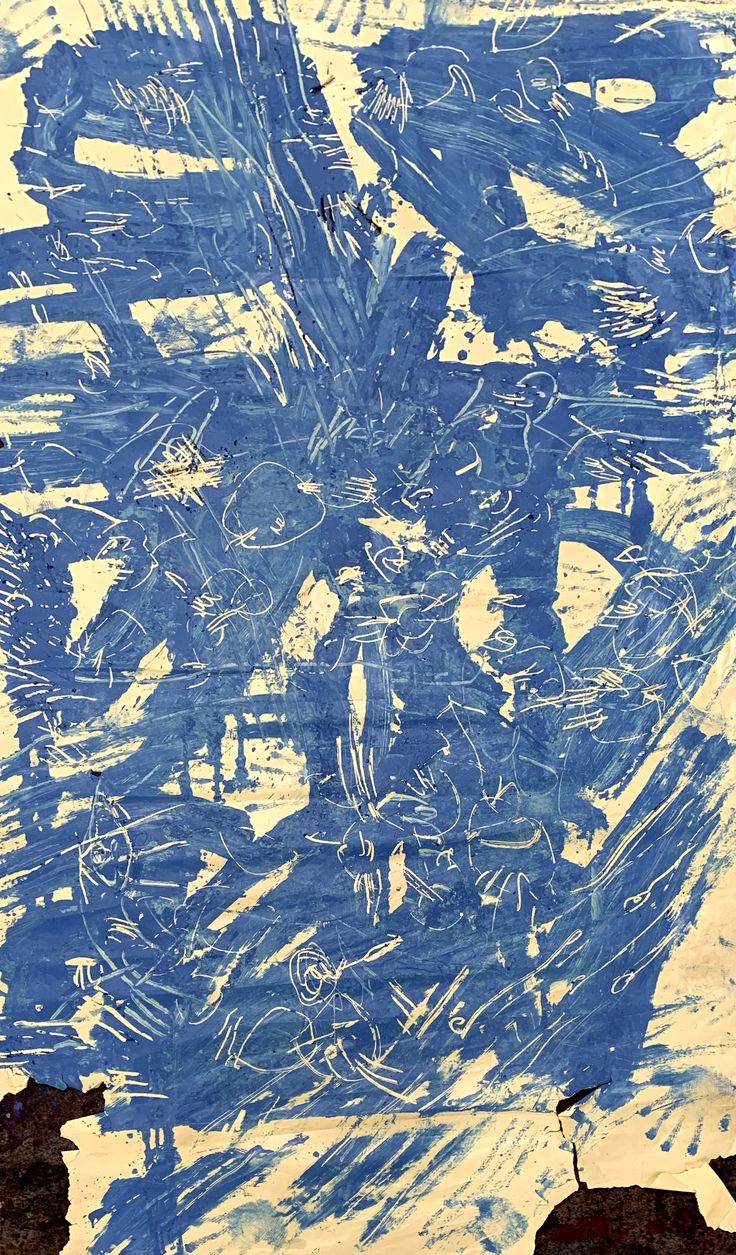 an abstract painting with blue and yellow colors