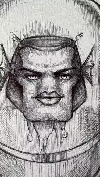 a drawing of a man's face in a space suit with horns on his head