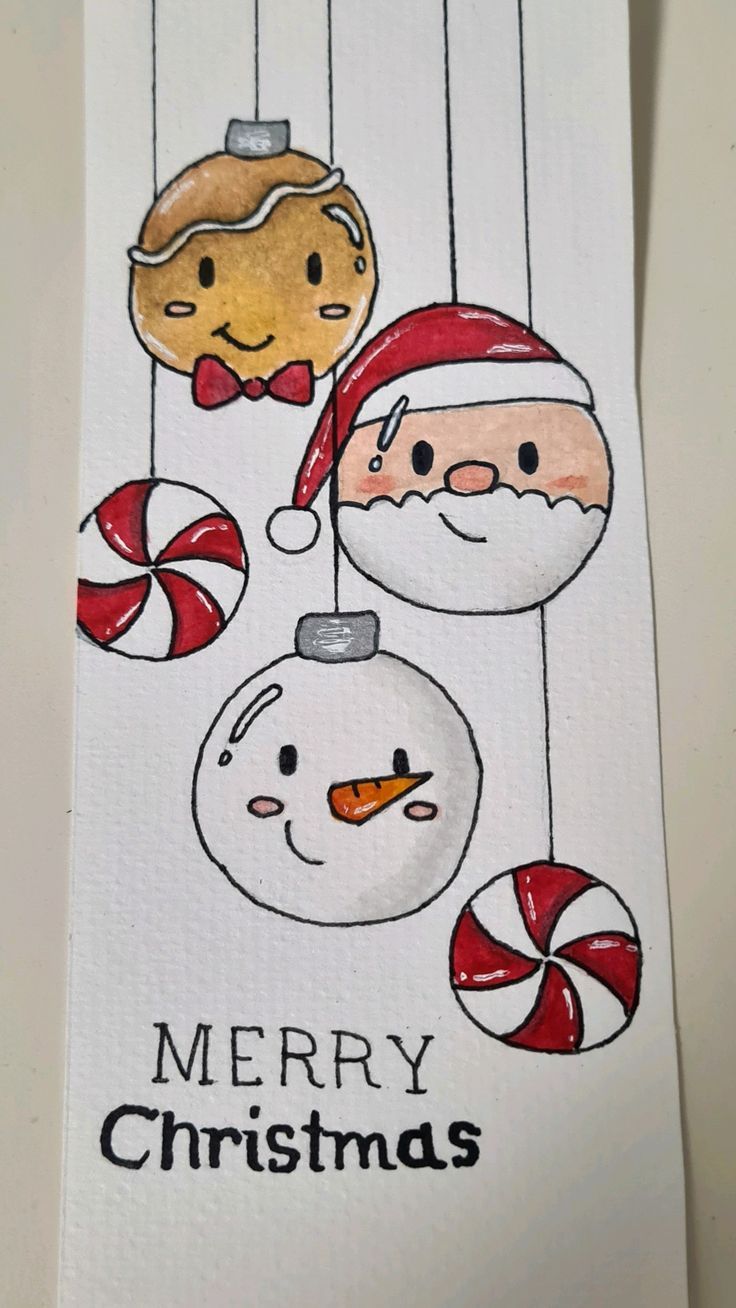 a christmas card with an image of santa, snowman and gingerbreads hanging from strings