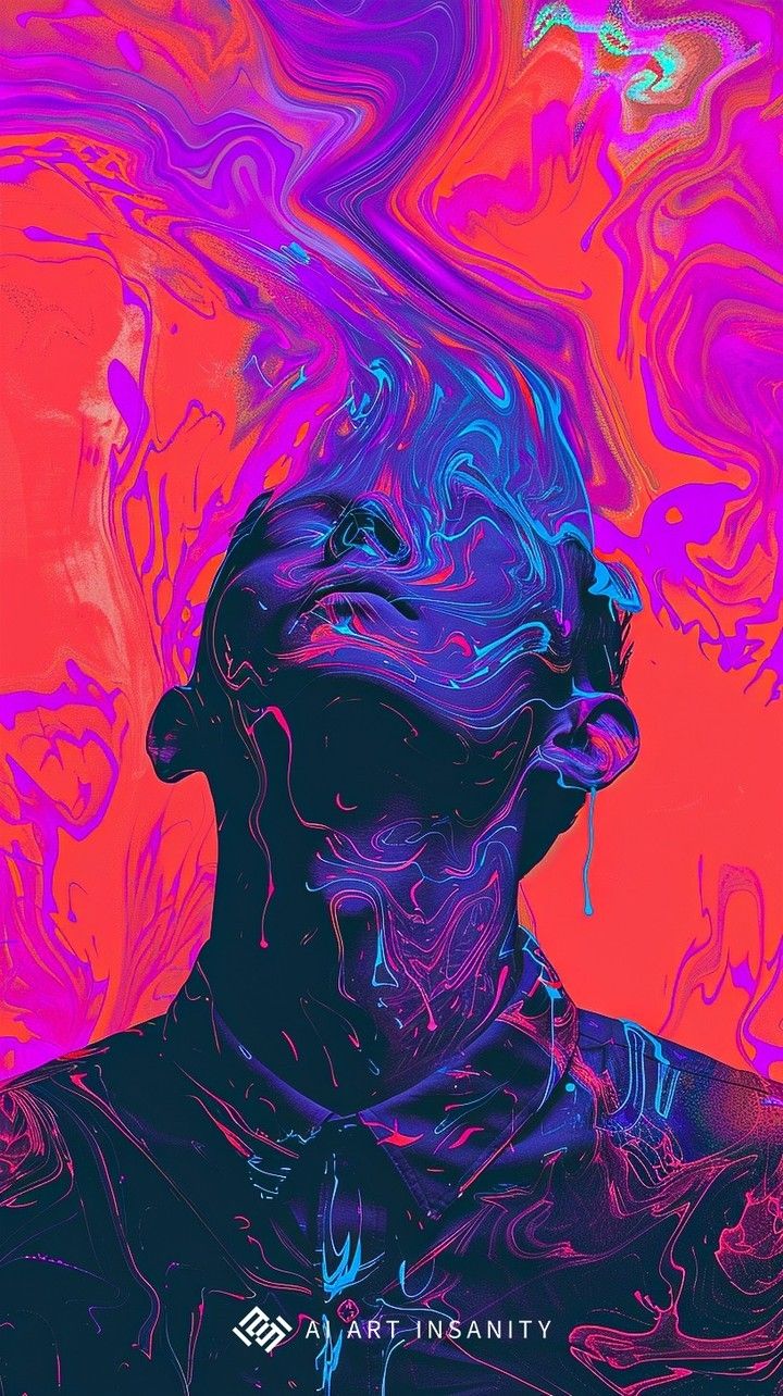 a man's face is covered in blue, pink and purple paint with the words art inanity on it