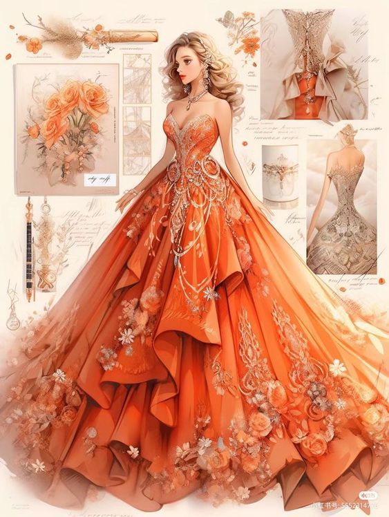 Orange Princess Dress, Bookshelf With Doors, Dreamy Gowns, Whimsical Dress, Pretty Quinceanera Dresses, High Fashion Dresses, Fashion Drawing Dresses, Royal Dresses, Fantasy Dresses