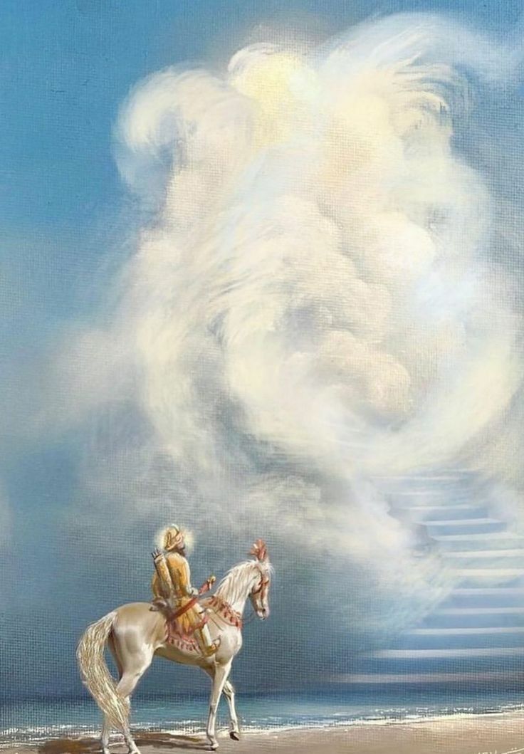 a painting of a man on a white horse in front of a stairway leading to the sky