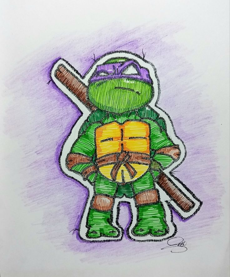 a drawing of a tmnt turtle with a baseball bat and helmet on it's head