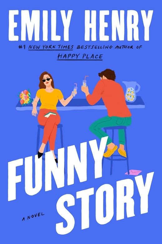 the book cover for funny story, featuring two people sitting at a table with drinks