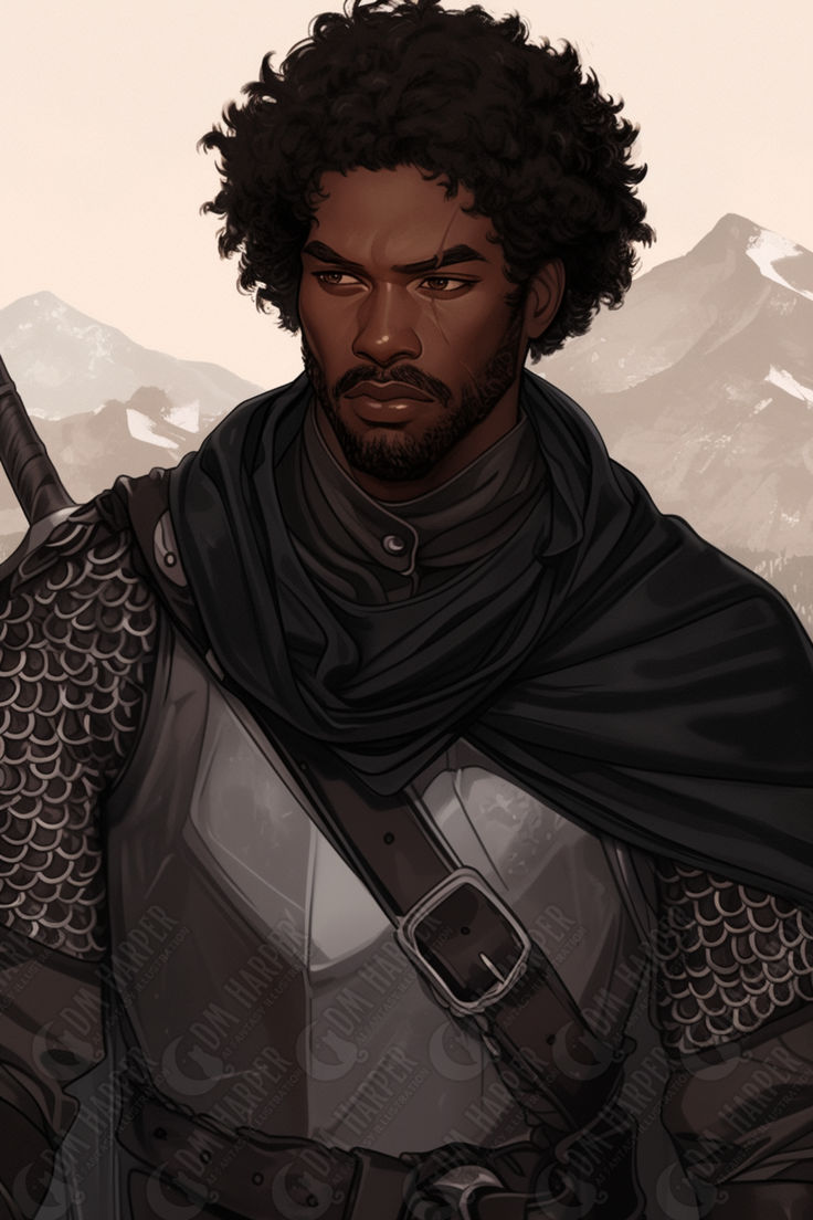 Zhentarim Mercenary, Human Fighter, The Seven Snakes (Storm King's Thunder) Sultan Character Design, Zhentarim Dnd, Black Man Oc Art, Male Fighter Dnd, Dnd Human Fighter, Bladesinger Dnd, Human Fighter Dnd Male, Fighter Character Design Male, Dnd Mercenary