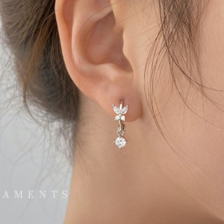 Small Butterfly Hoop Ring Earrings Anniversary White Diamond Clip-on Earrings, White Round Clip-on Diamond Earrings, Hypoallergenic White Drop Diamond Earrings, White Diamond Single Drop Earring, White Dainty Round Diamond Earrings, Dainty White Round Diamond Earrings, Dainty Single White Diamond Earring, White Dainty Single Diamond Earring, Elegant White Diamond Hoop Earrings