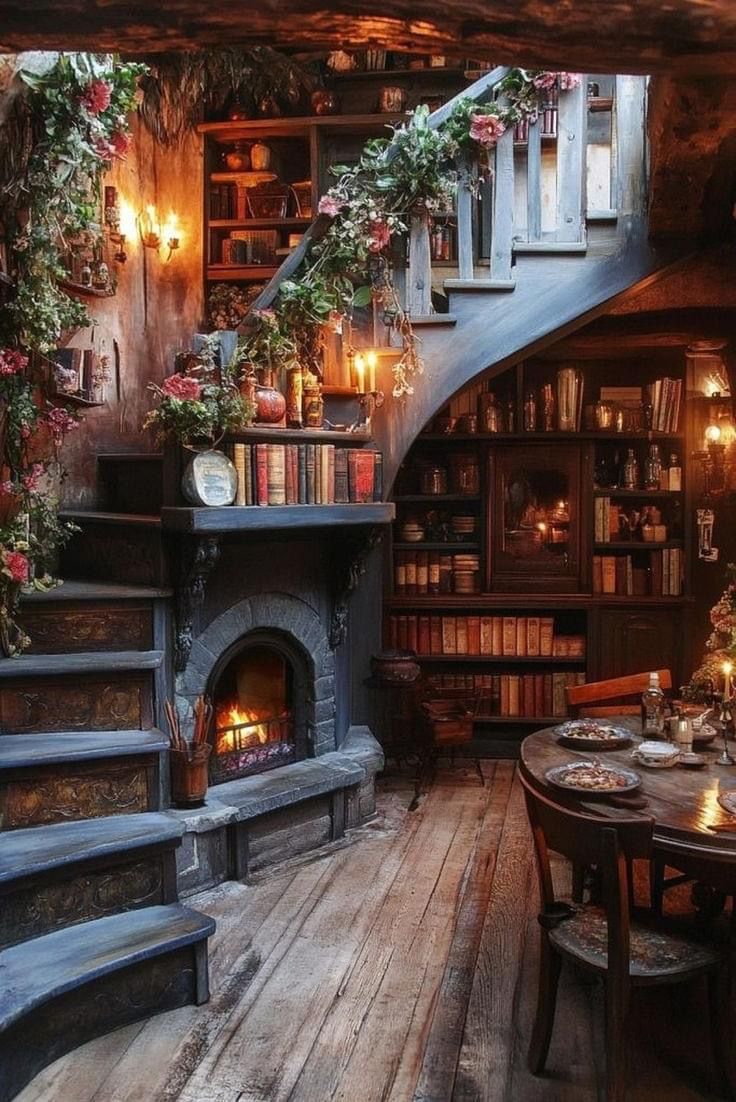 a room with a fireplace, bookshelf and stairs leading to the second floor