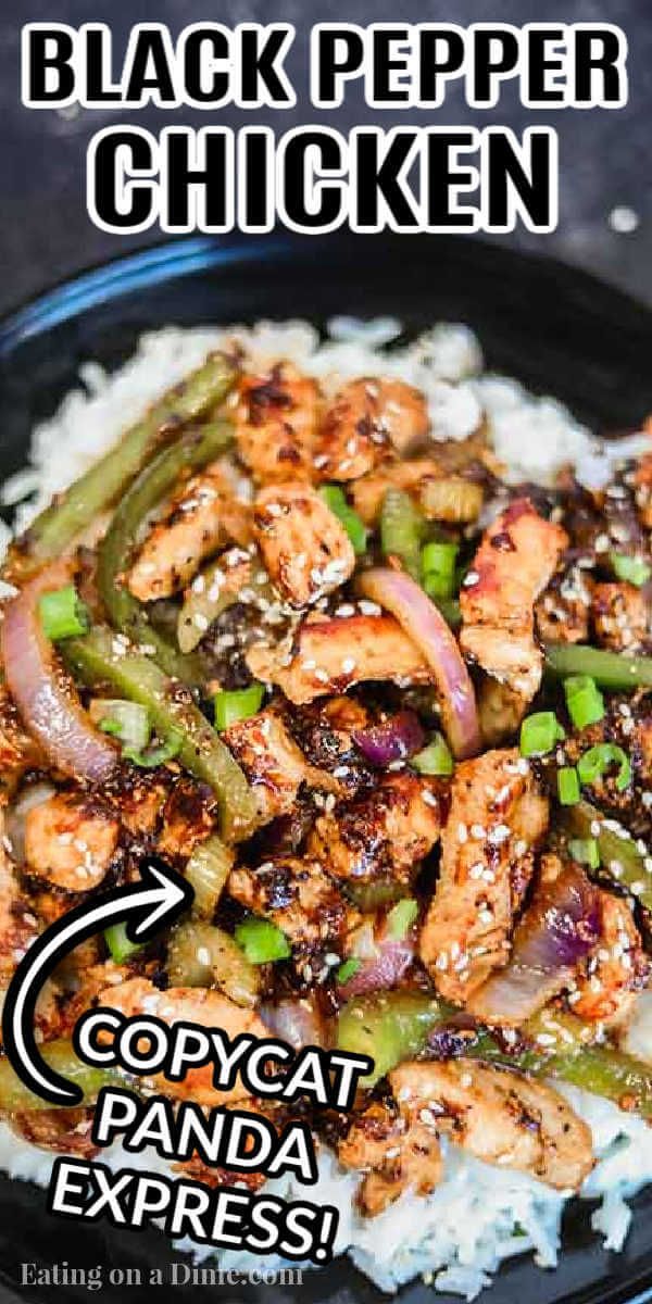 black pepper chicken over rice on a plate