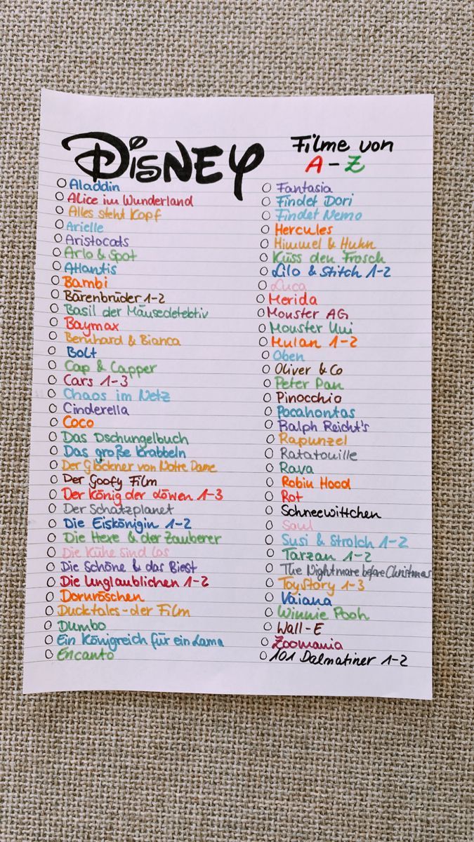 a disney character list on a piece of paper