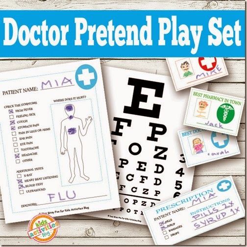 the doctor pretend play set includes an eye chart, stickers and other medical related items