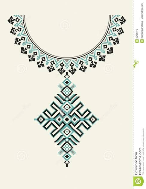 an ethnic necklace with geometric designs and beads on a white background, in the style of embroidery