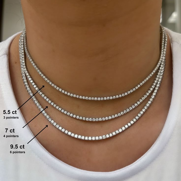 Metal: Available in 14k Yellow Gold, 14k White Gold, 14k Rose Gold Lab Grown Diamonds: Color: F Clarity: VS The exact carat weight is relative to the length (see below) 16": 177 stones - 3 points each - approx. total carat weight 5.3 (+/- .5) 17": 188 stones - 3 points each - approx. total carat weight 5.64 (+/- .5) 18": 199 stones - 3 points each - approx. total carat weight 5.97 (+/- .5) Closure: Push Clasp With Safety Latch For a personalized Tennis Necklace, reach out to us AB@alexandrabeth.