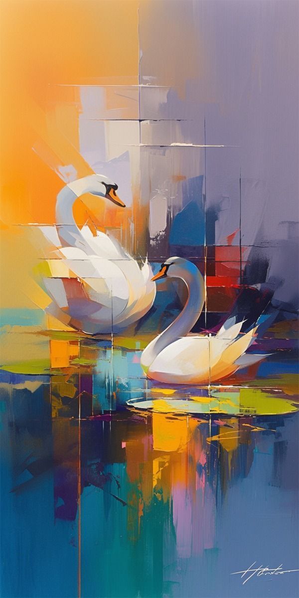 two white swans floating on top of a body of water with bright colors in the background