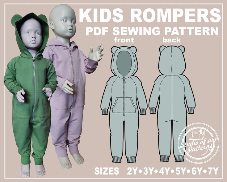 "THIS IS A SEWING PATTERNS AND NOT A READY TO WEAR  PRODUCT. Pattern a  hooded Kids Romper features a front zip fastening and long raglan sleeves finished with an elasticated hem or knitted cuffs at the wrists. You can choose the style of the ears.   THIS LISTING INCLUDES PACK SIZES KIDS 2Y, 3Y, 4Y, 5Y, 6Y, 7 YEARS SO YOU CAN SELECT ONLY THE SIZE YOU WANT TO PRINT. You will receive an email from \"Etsy\" wish a link to download the files right after payments. The Digital files will automatically Pattern Overalls, Kids Rompers, Toddler Sewing Patterns, Boys Sewing Patterns, Romper Sewing Pattern, Boy Sewing, Rompers For Kids, Sewing Patterns For Kids, Clothes Sewing Patterns