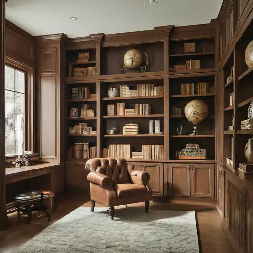 a chair sitting in front of a book shelf filled with books