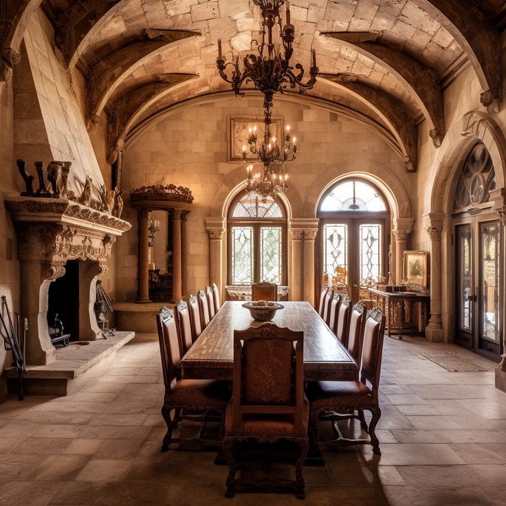 a large dining room table with chairs and chandelier in an old castle like setting