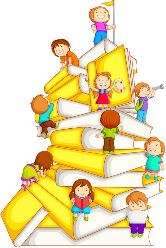 children climbing on top of books