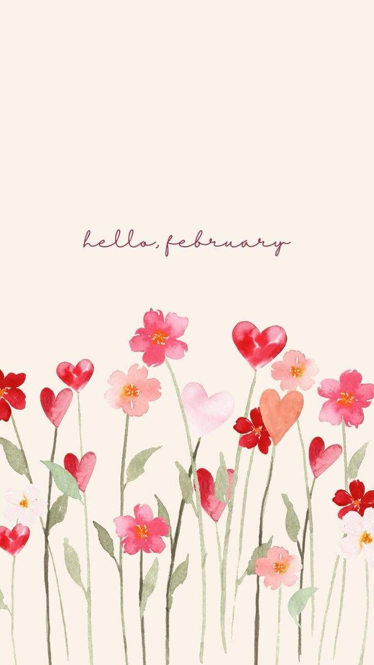 watercolor flowers with the words hello february written on them in pink, red and white