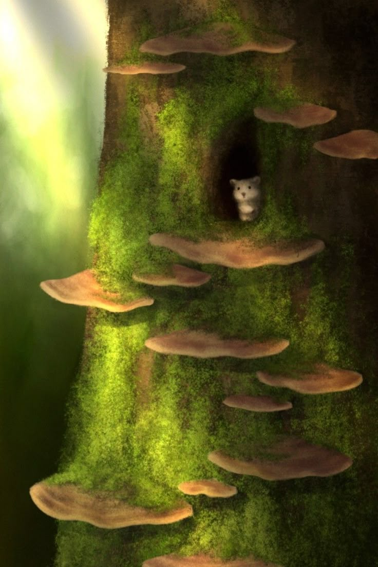 an animal is peeking out from behind a mossy tree with lots of mushrooms growing on it